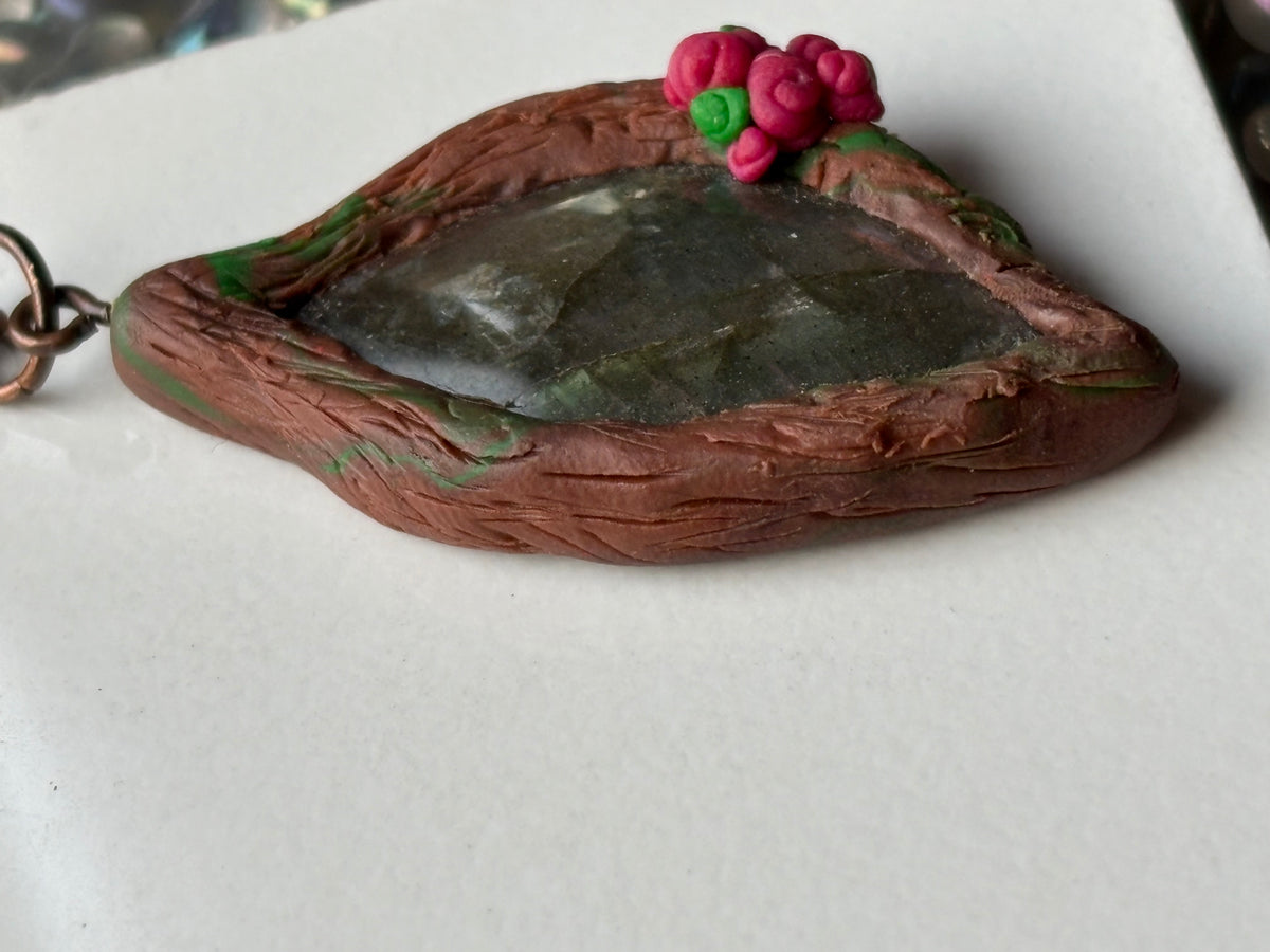 Purple Labradorite Crystal Gemstone Enchanted Rose Forest Clay Pendant Necklace