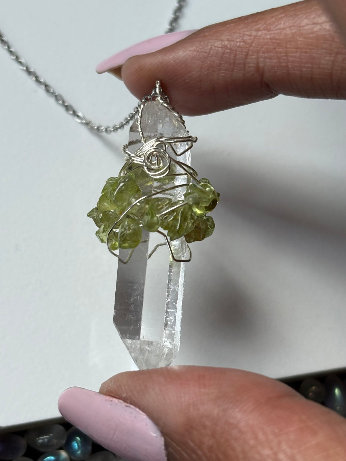 Lemurian Quartz & Peridot Crystal Gemstone Wire Wrap Necklace - Silver