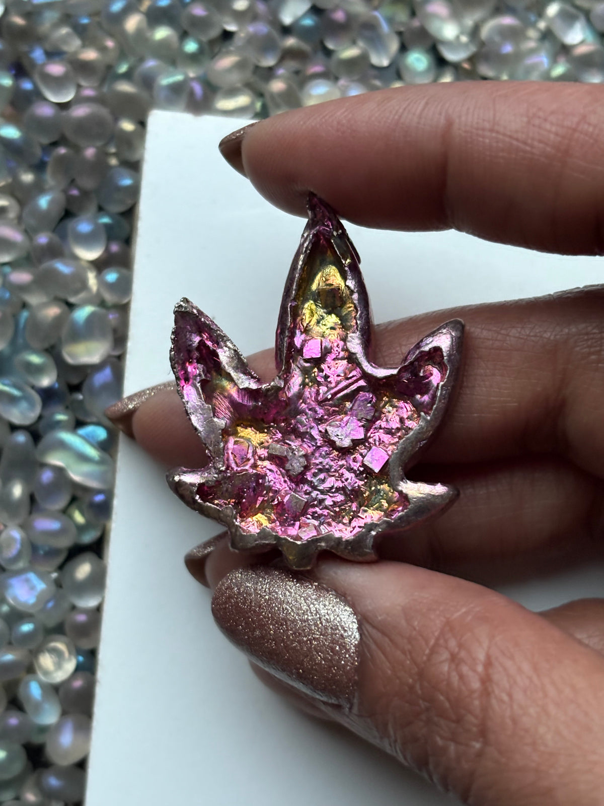 Pink Bismuth Crystal Pot Leaf Metal Art Sculpture