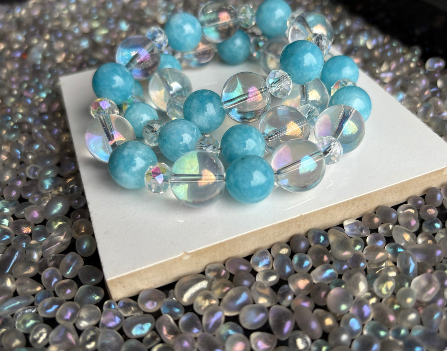 Blue Quartz Gemstone & Aura Coated Glass Crystal Beaded Silver Chunky Necklace