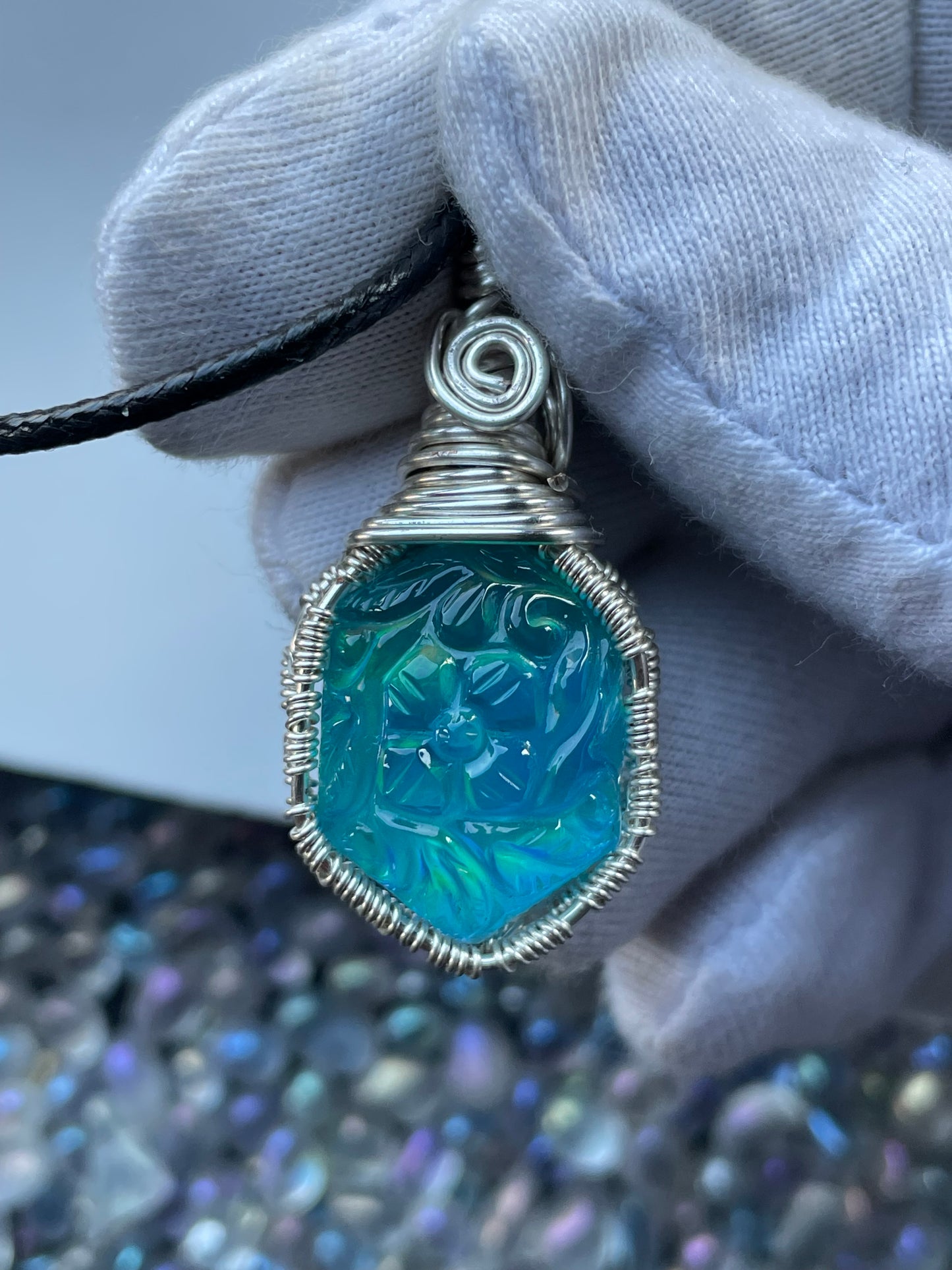 Carved Aurora Opal Doublet Crystal Gemstone - Wire Wrapped Necklace