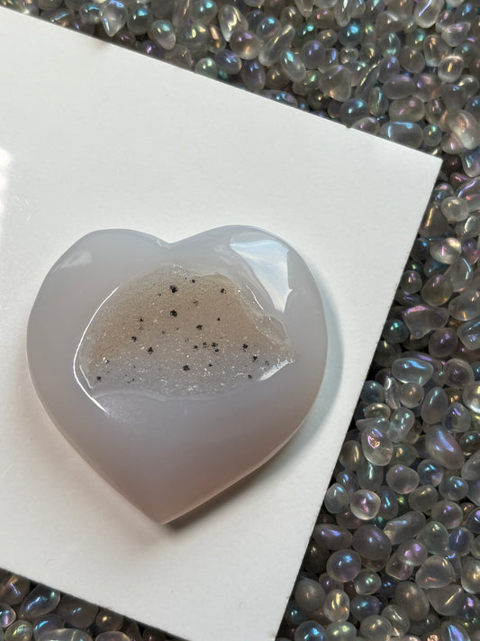 Grey Druzy Agate Crystal Heart Carving - Small