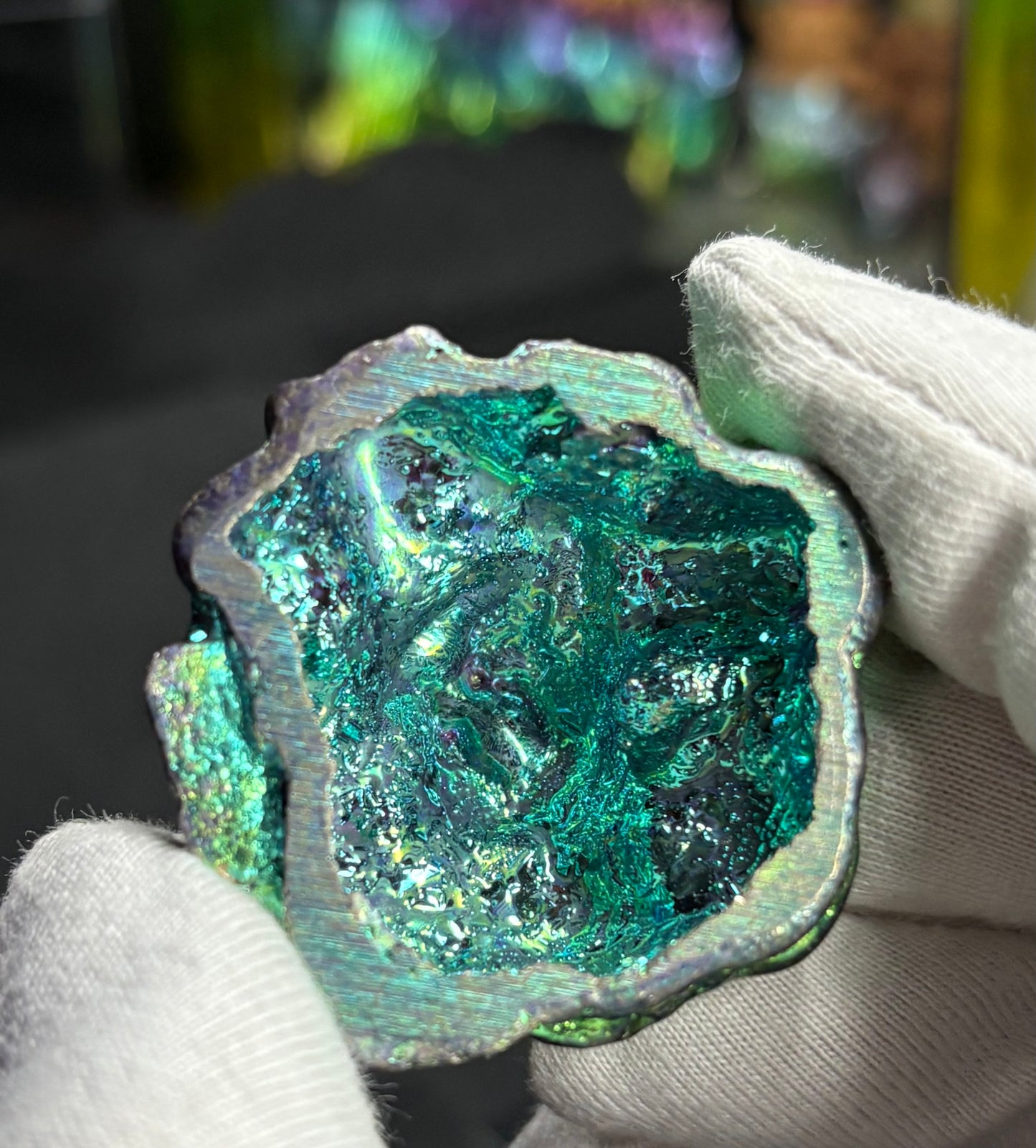 Teal Bismuth Crystal Small Rose Flower Metal Art Sculpture