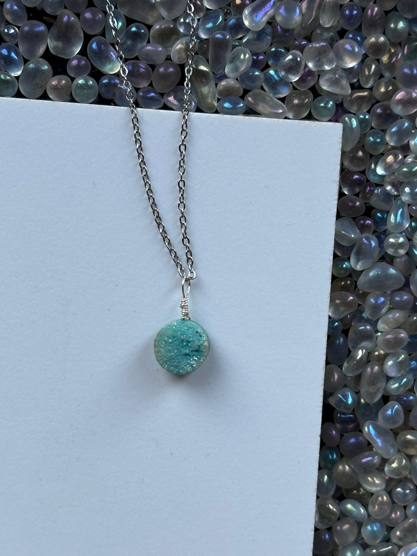 Turquoise Druzy Quartz Coin crystal gemstone silver Necklace