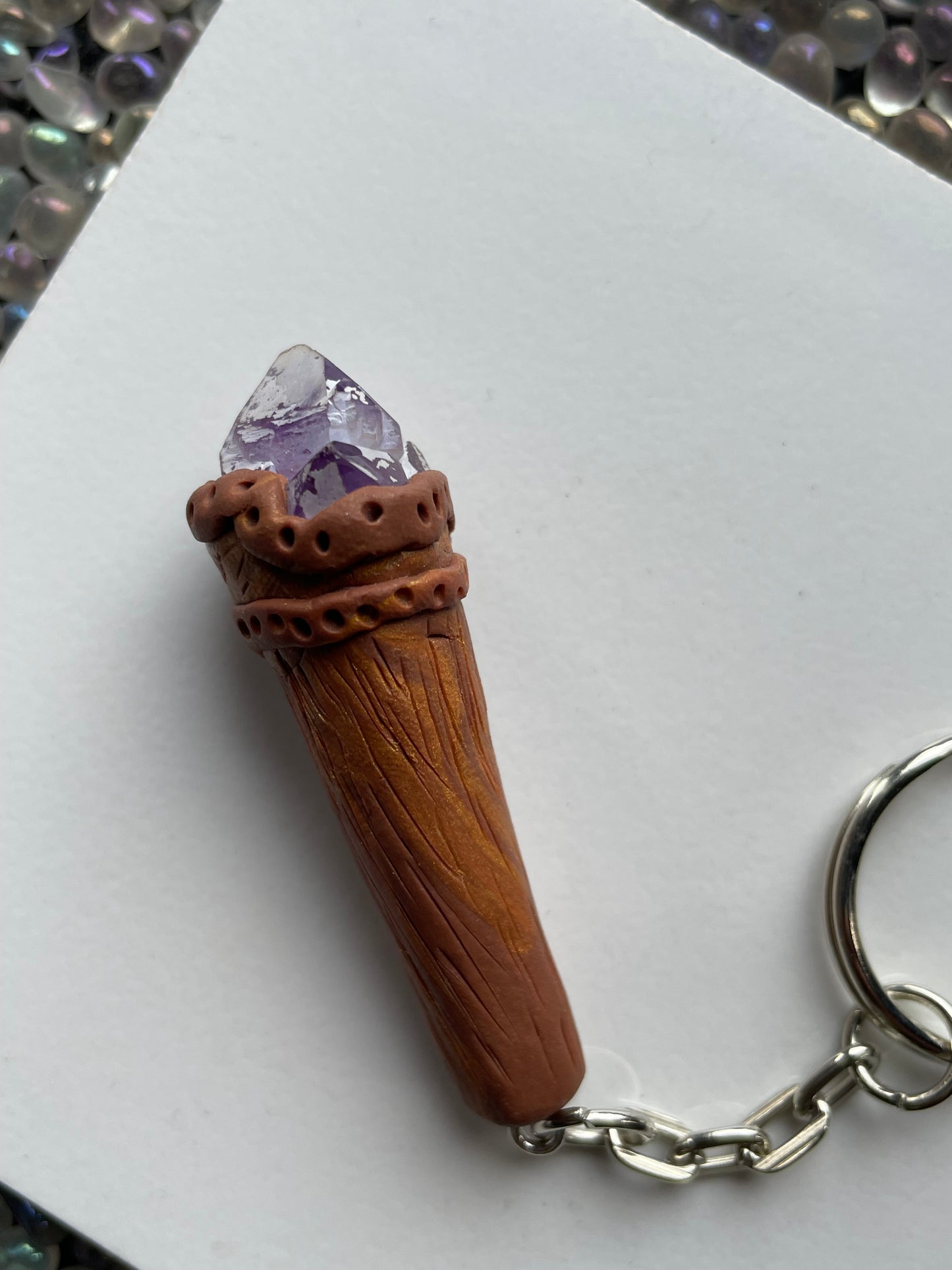 Amethyst Crystal Gemstone Clay Wooden Wand KeyChain (1)