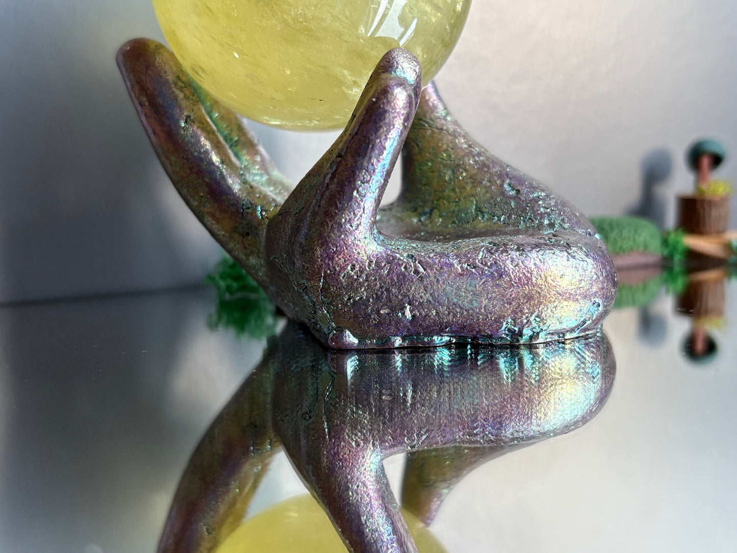 Purple Blue Bismuth Crystal Hand Sphere Holder - Metal Art Sculpture