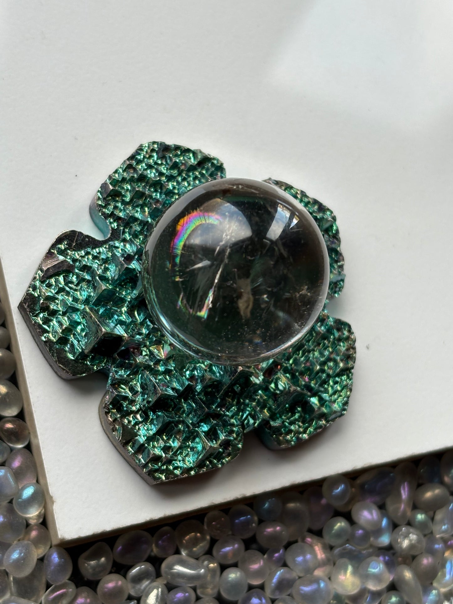 Teal Blue Bismuth Crystal Hippie Flower Slice Cut Out Sphere Holder