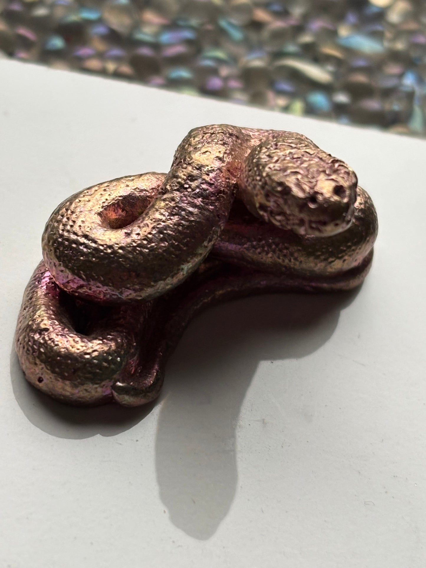 Pink Bismuth Crystal Coil Snake Metal Art Sculpture