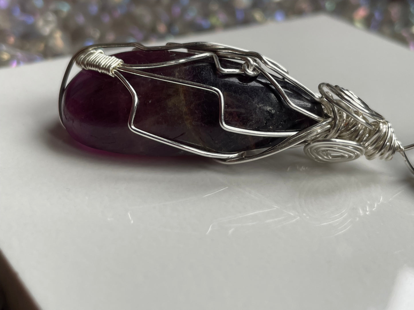 Purple Fluorite Crystal Gemstone Wire Wrap Silver Necklace