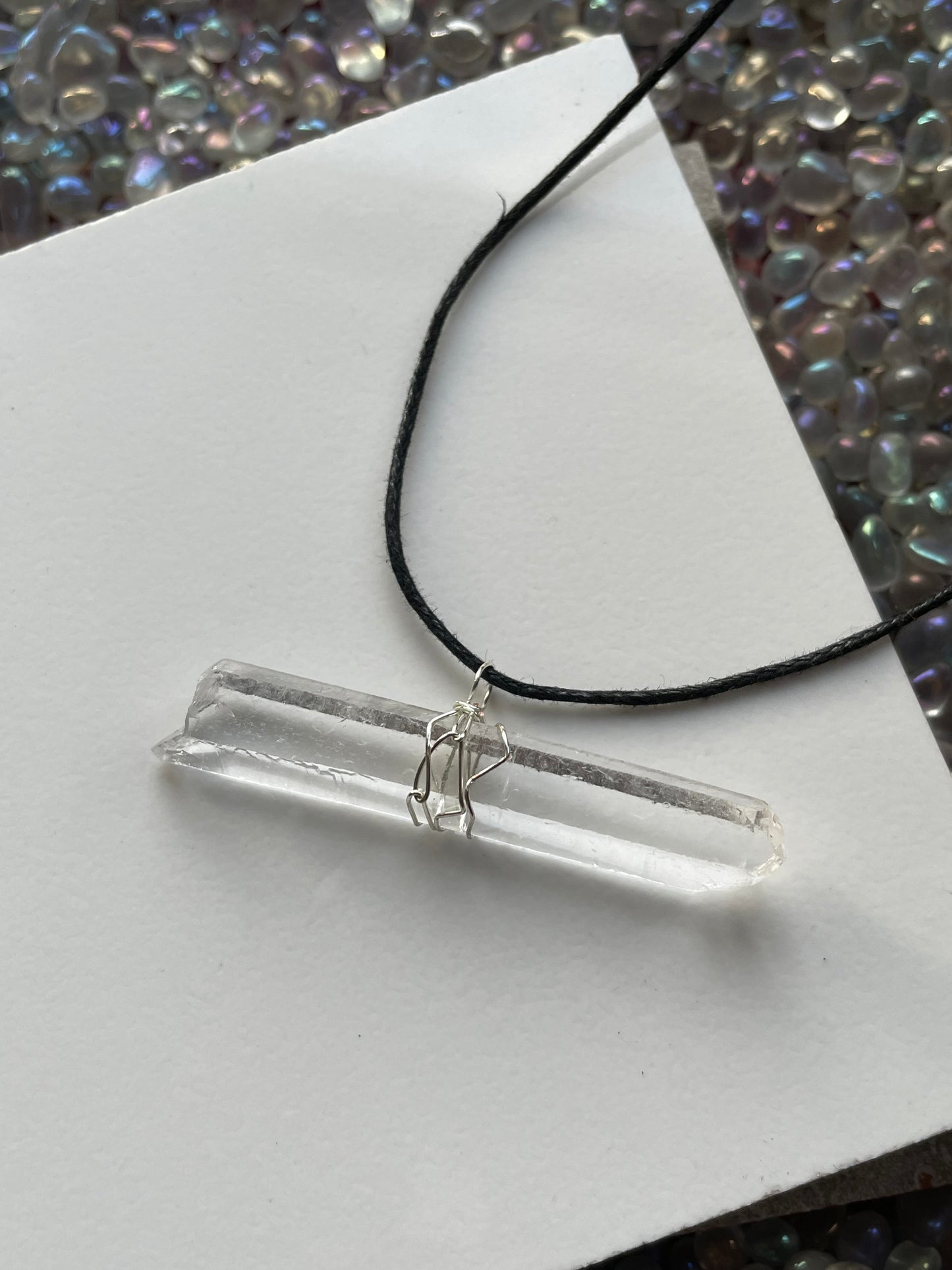 Singing Lemurian Quartz Crystal Gemstone Wire Wrap Necklace - Silver