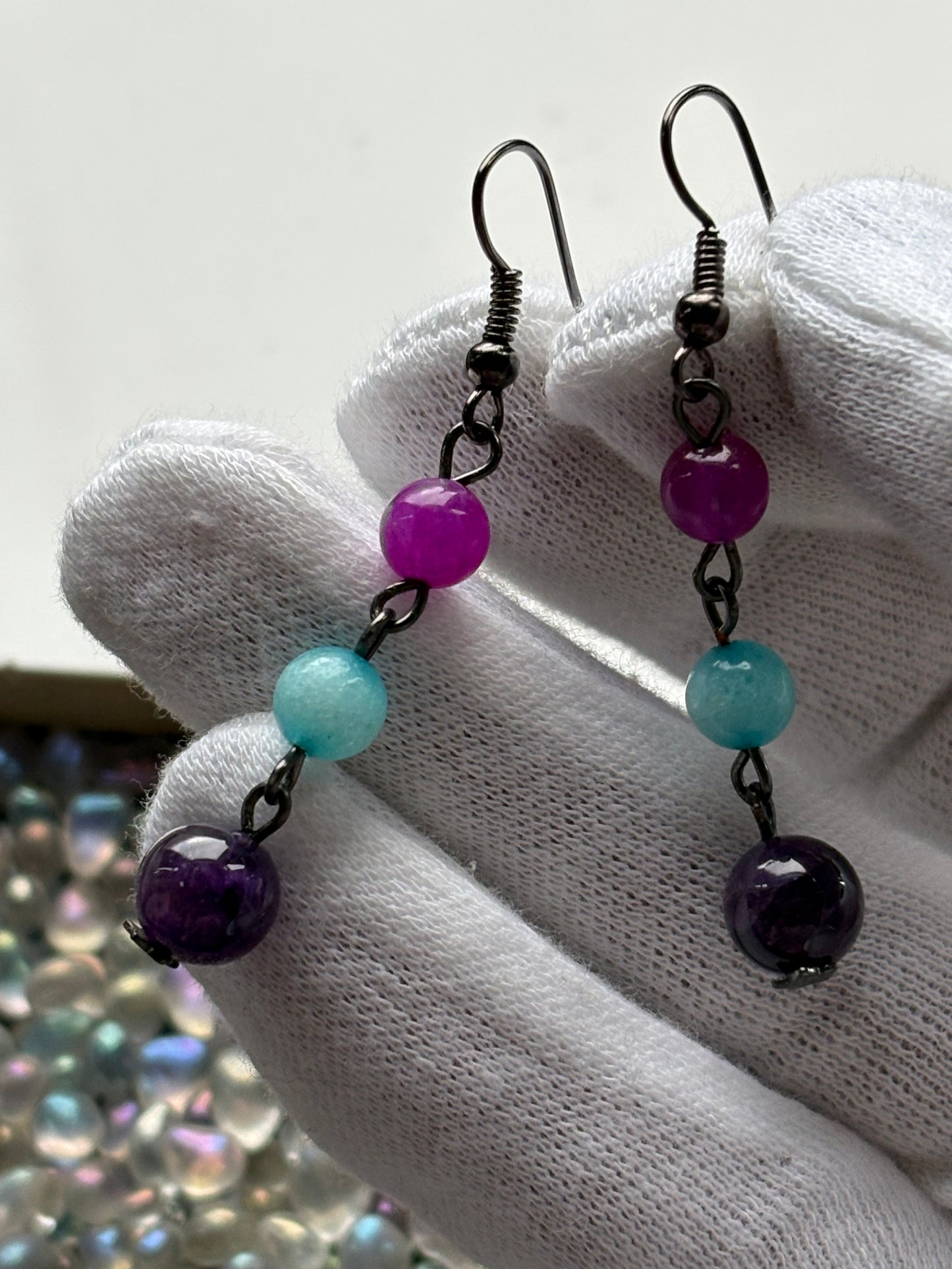 Purple Blue Quartz & Amethyst Crystal Gemstone Beaded Drop Earrings