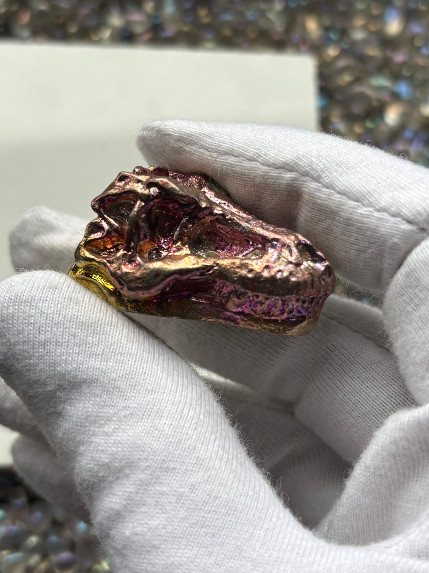 Pink Gold Bismuth Crystal Small Trex Skull Metal Art Sculpture