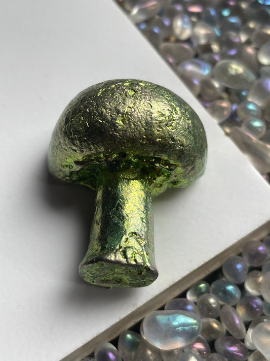 Green Bismuth Crystal Mushroom Small Metal Art Sculpture