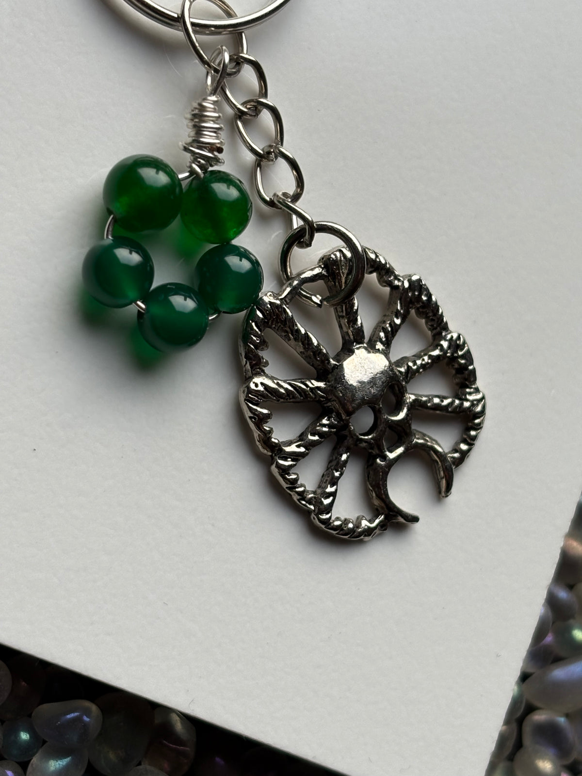 Green Quartz Crystal Gemstone Spider Silver Keychain