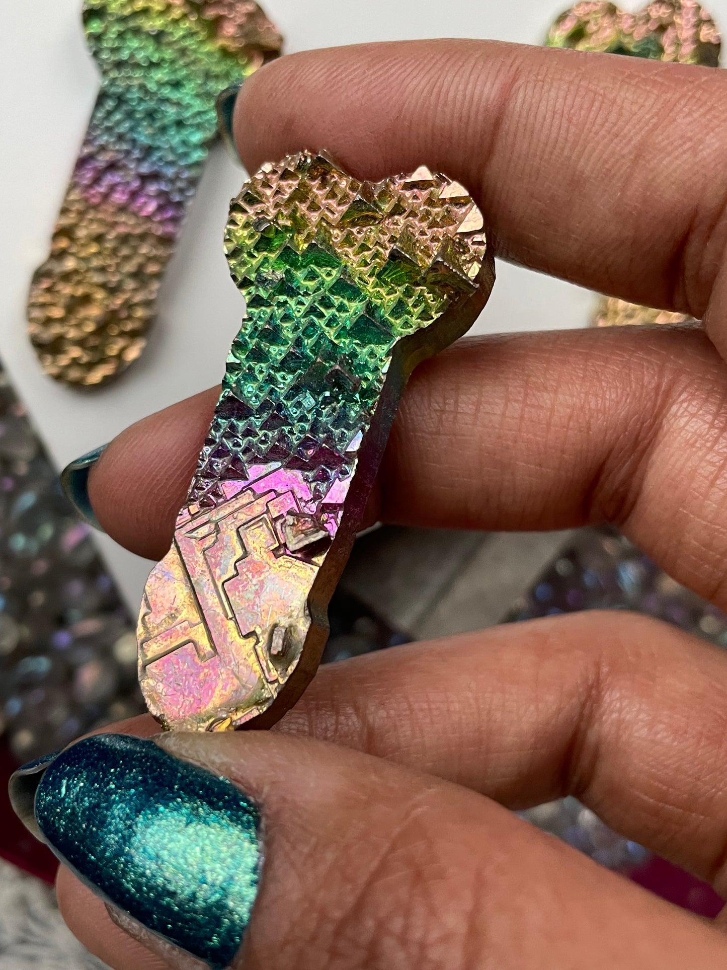 Rainbow Bismuth Crystal Penis Phallus Cut Out Metal Art