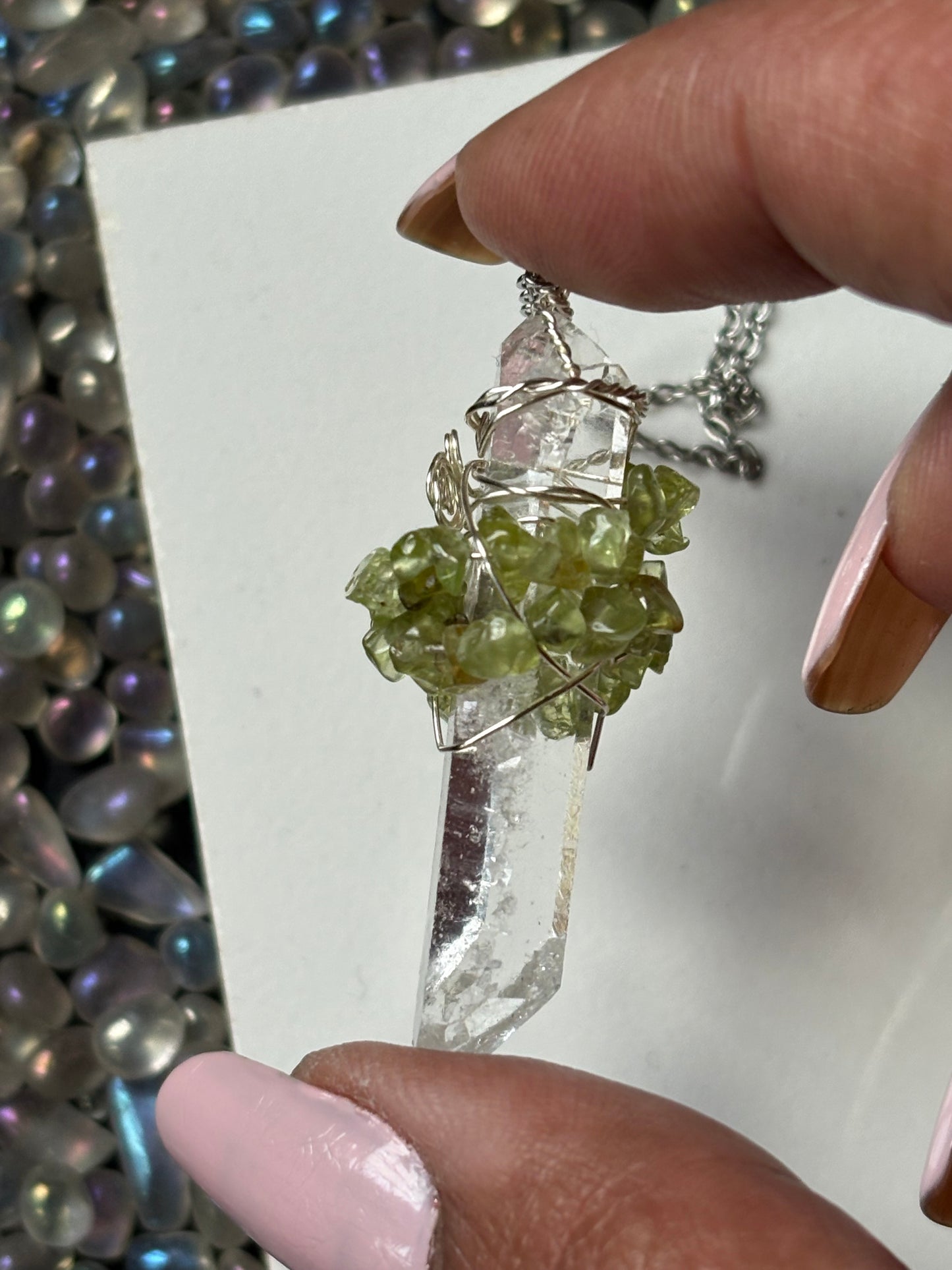 Lemurian Quartz & Peridot Crystal Gemstone Wire Wrap Necklace - Silver