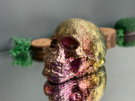 Gold Pink Bismuth Crystal Small Skull Metal Sculpture