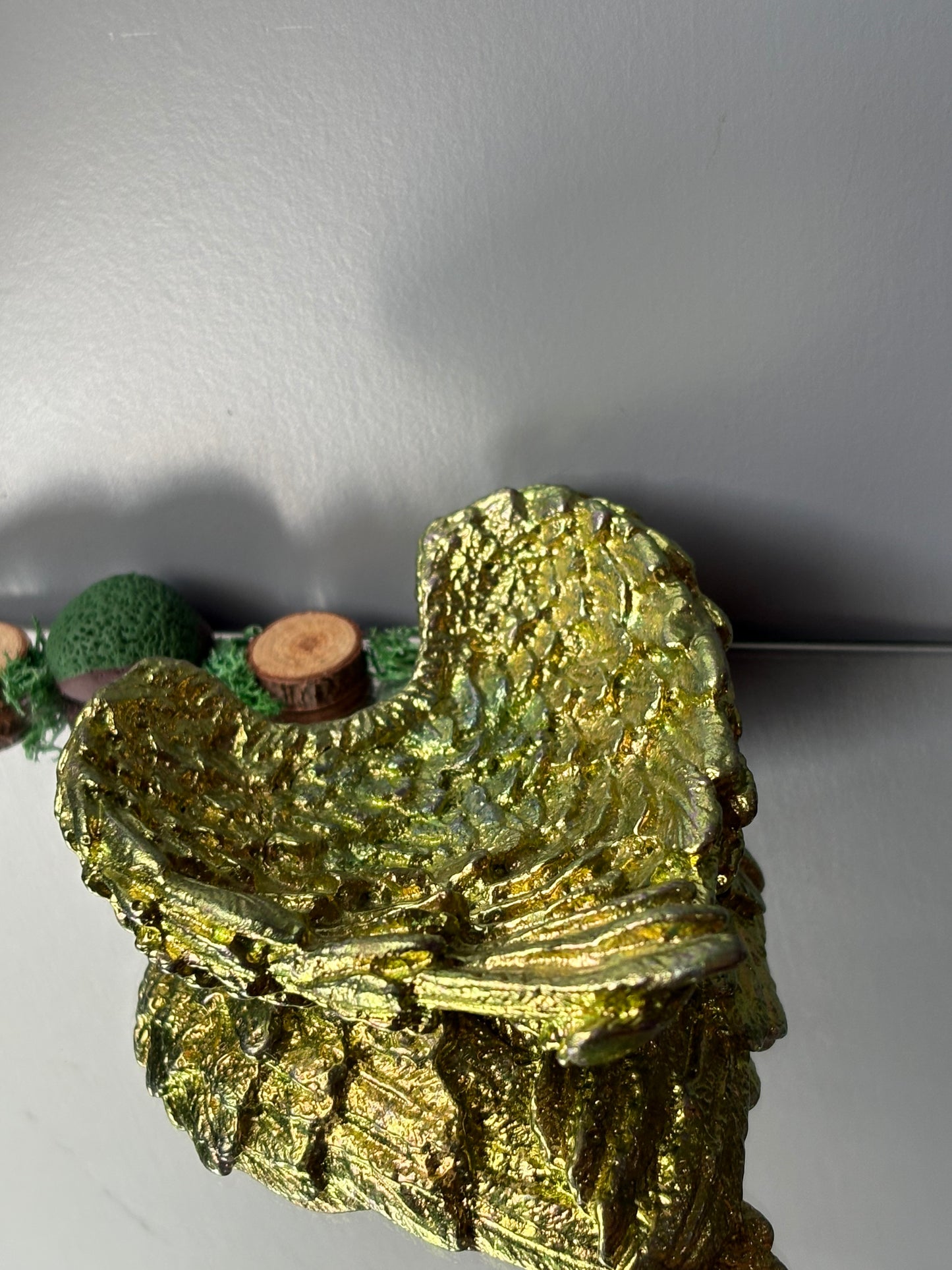 Green Gold Bismuth Crystal Angel Wing Dish / Sphere Holder Metal Art Sculpture