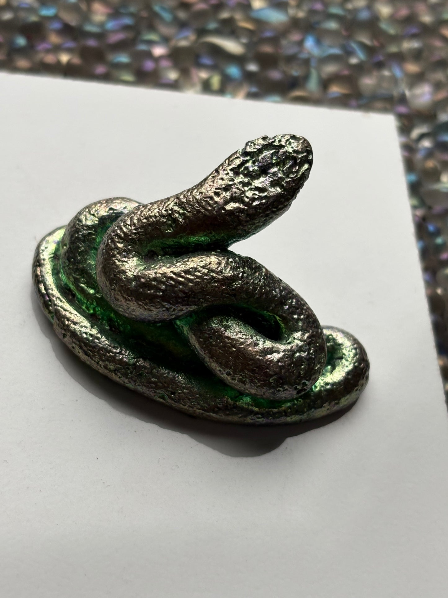 Teal Bismuth Crystal Coil Snake Metal Art Sculpture