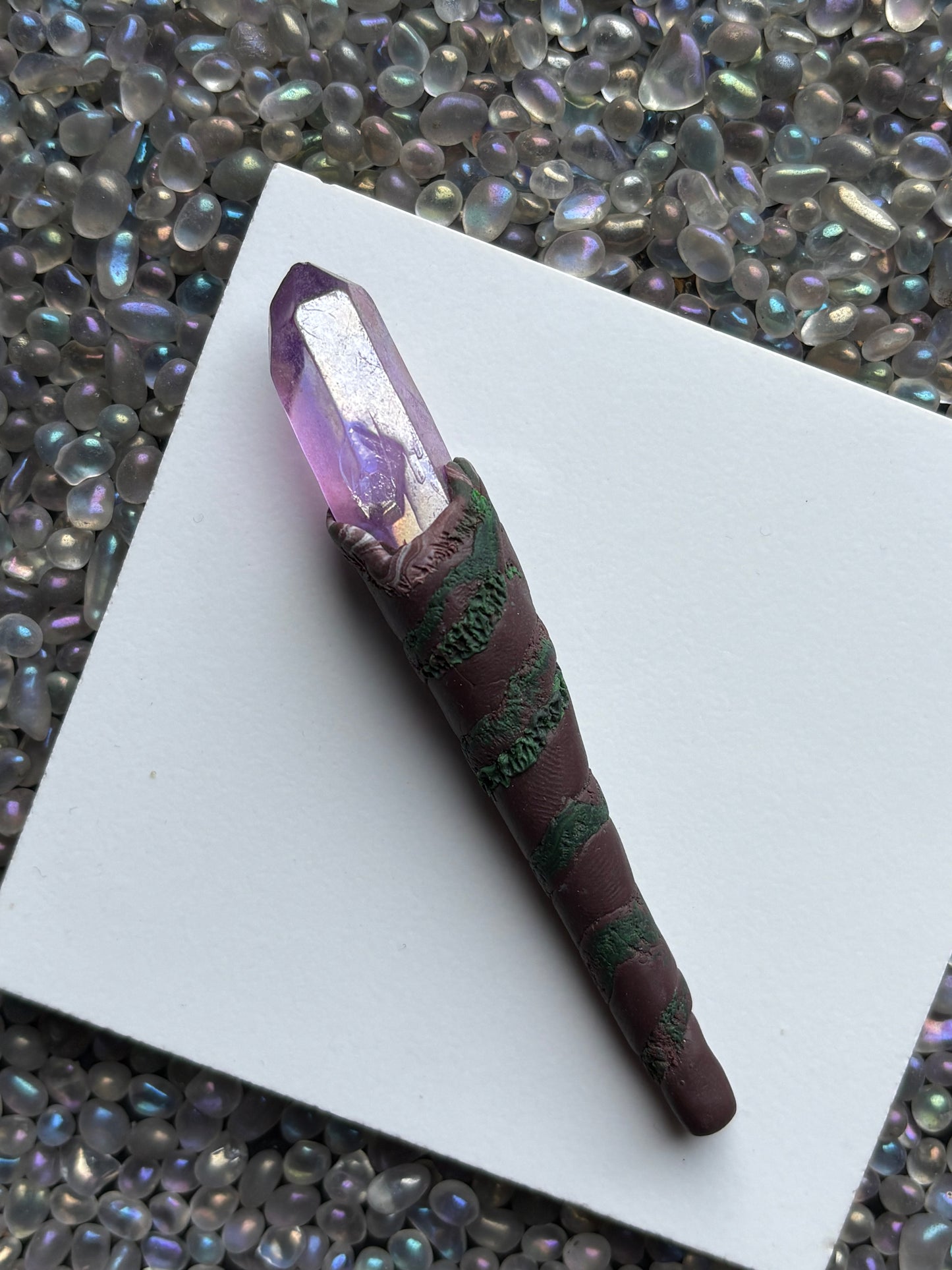 Purple Aura Quartz Crystal Gemstone Enchanted Forest Clay Wand