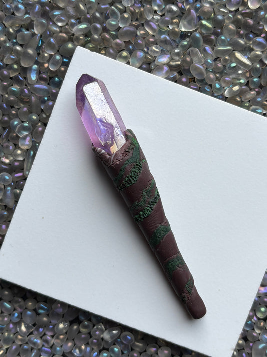 Purple Aura Quartz Crystal Gemstone Enchanted Forest Clay Wand
