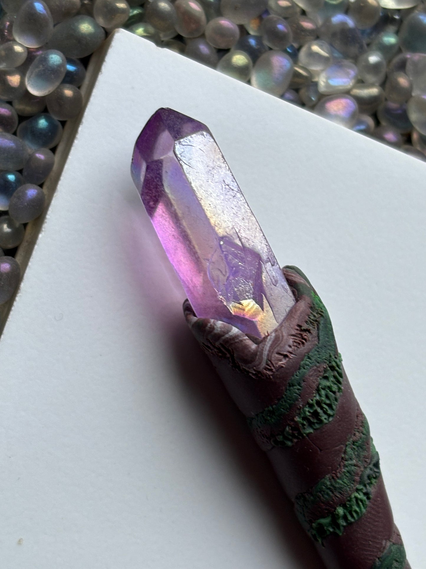 Purple Aura Quartz Crystal Gemstone Enchanted Forest Clay Wand