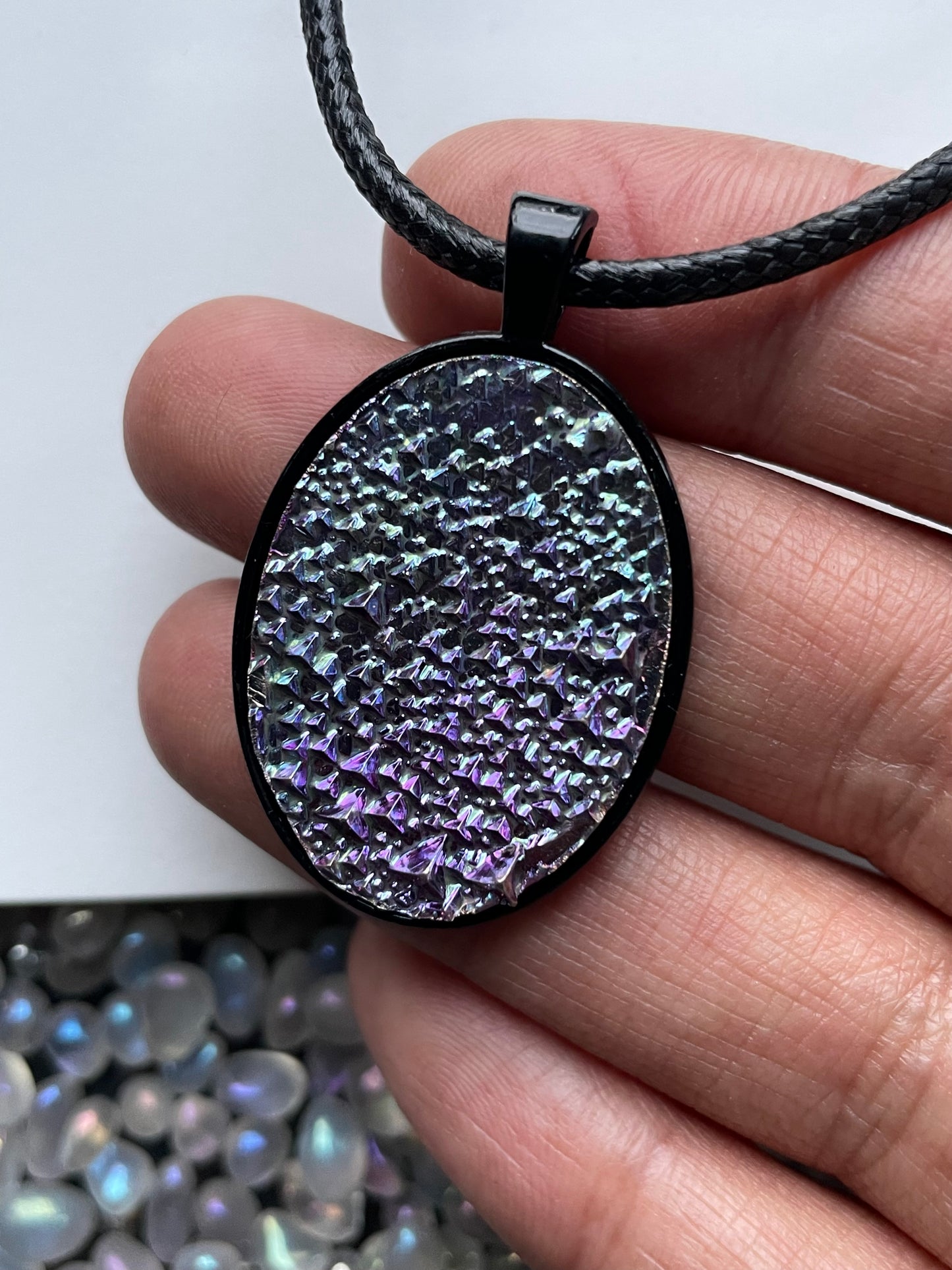 Purple Blue Bismuth Crystal Metal Art Cord Necklace OVAL