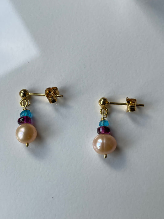 Peach Pearl Purple Umbalite Garnet & Neon Apatite Crystal Gemstone Dainty Gold Drop Earrings (Certified)
