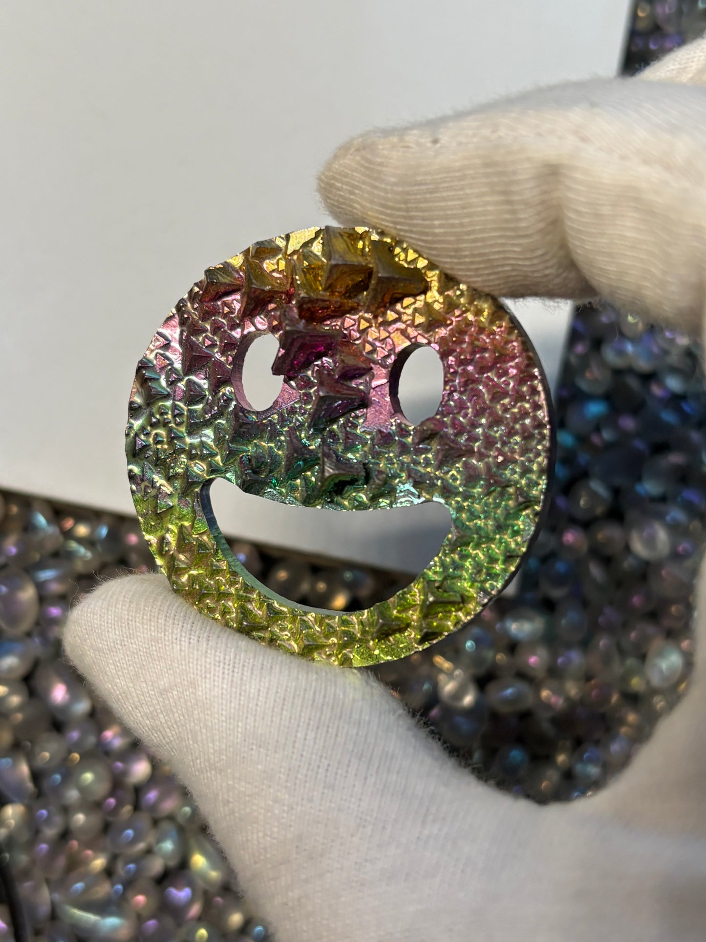 Rainbow Bismuth Crystal Smiley Face Cut Out Metal Art(B)