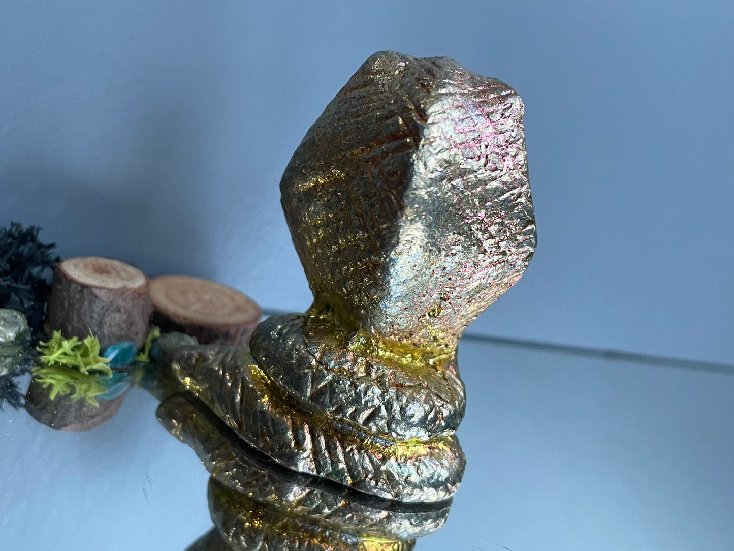 Gold Peach Bismuth Crystal Cobra Snake Metal Art Sculpture