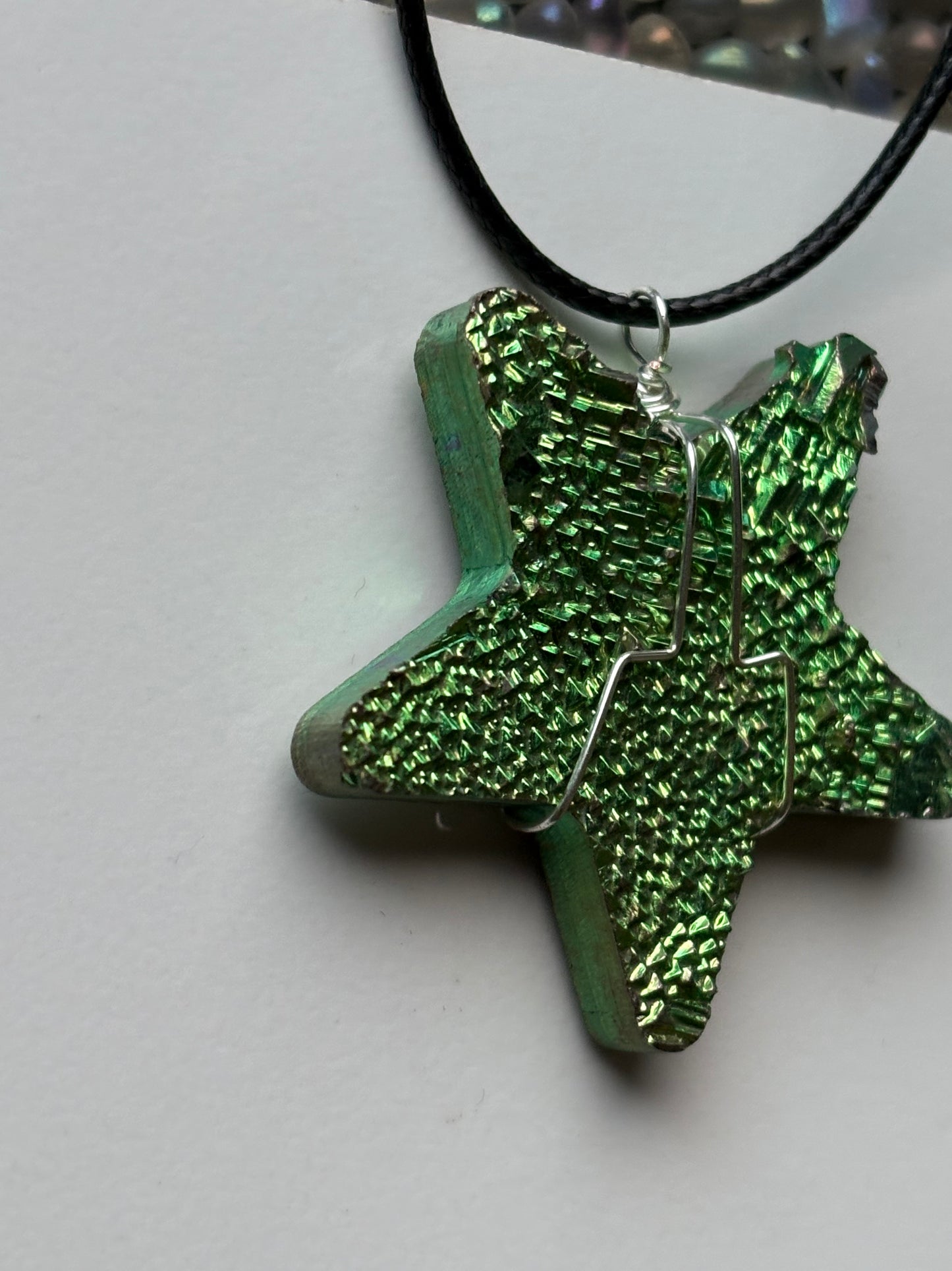 Green Bismuth Star Crystal Cut Out Metal Art Cord Necklace