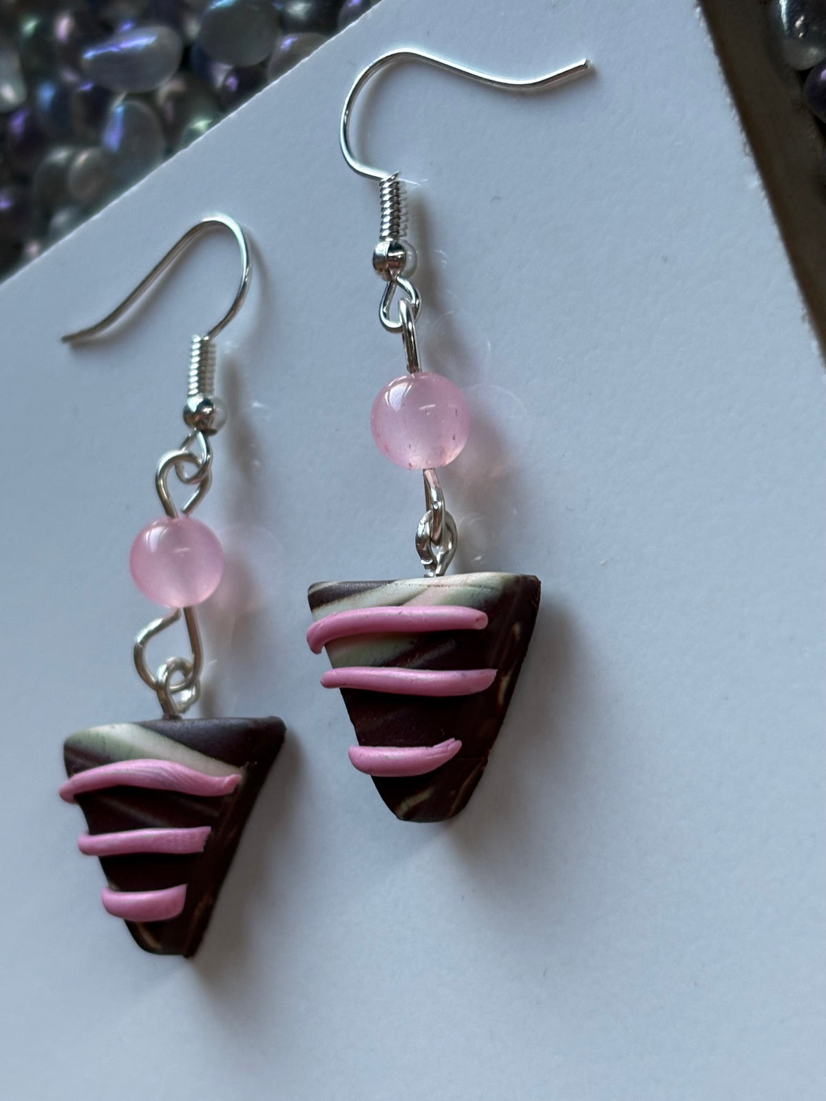 Chocolate Candy Triangle Clay & Pink Quartz Crystal Gemstone Silver Earrings
