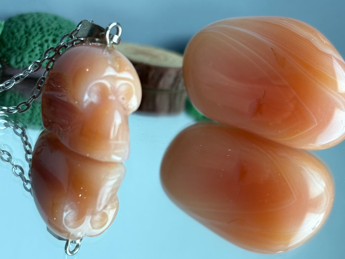 Carnelian Agate Crystal Gemstone Skull Carving Necklace & Tumbled Stone Gift Set