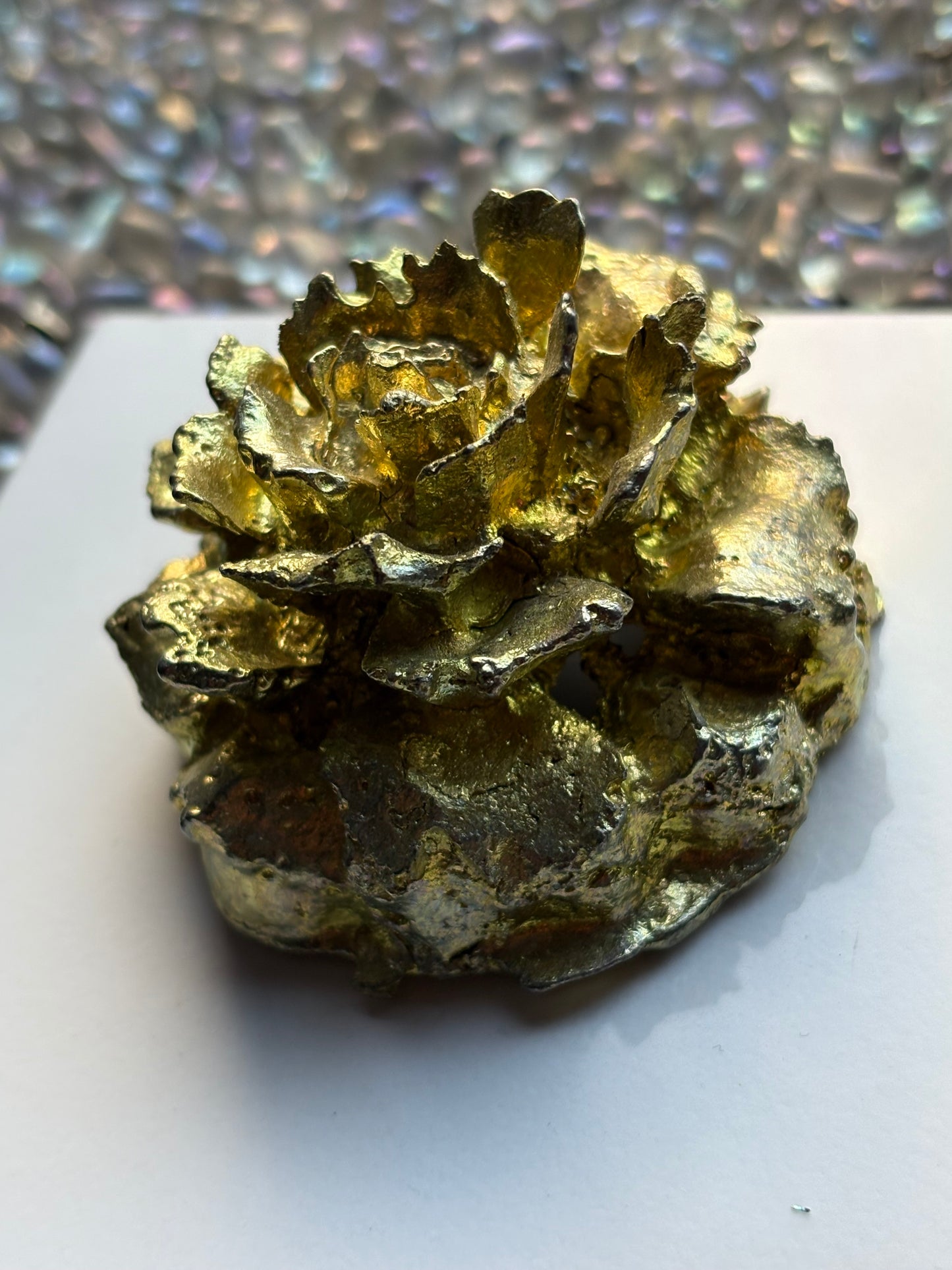 Gold Bismuth Crystal Rose Flower Metal Art Sculpture - Large