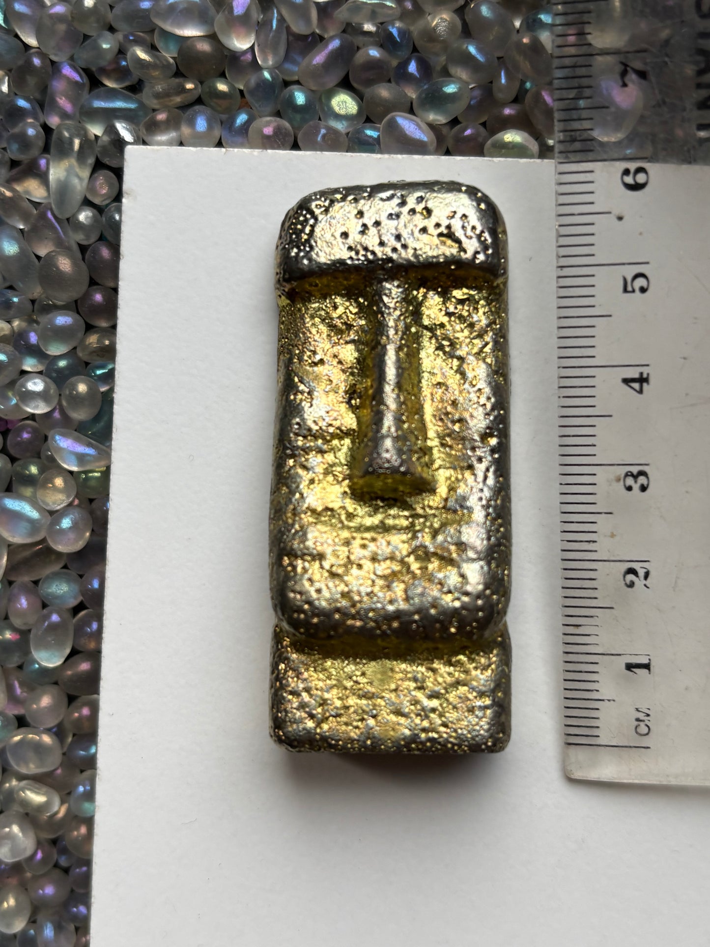 Gold Bismuth Crystal Moai Head Easter Island Metal Art Sculpture