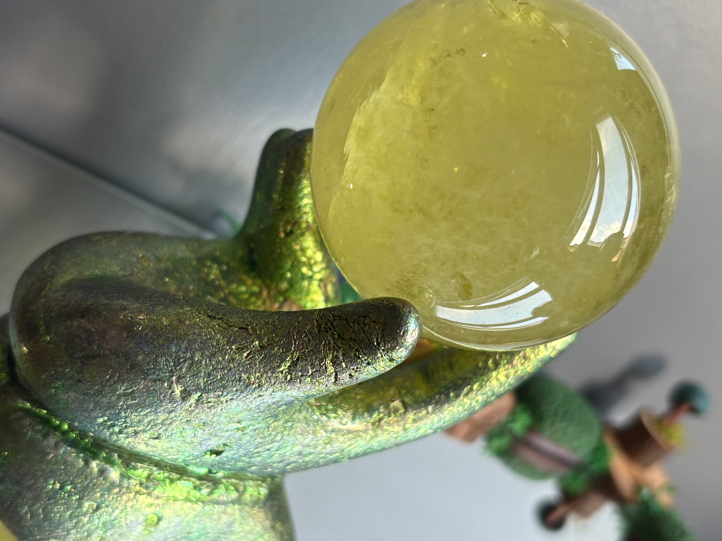 Green Bismuth Crystal Hand Sphere Holder Metal Art Sculpture