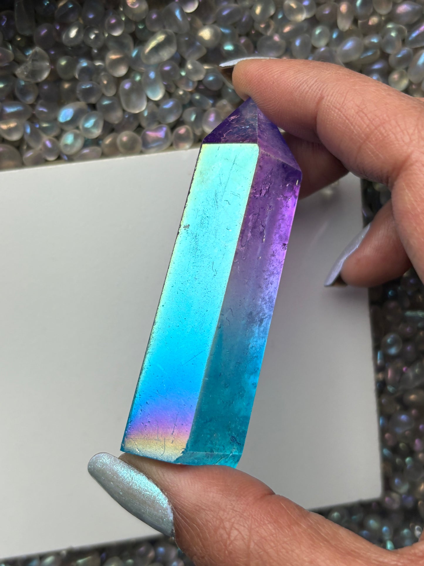 Purple & Aqua Blue Hybrid Aura Quartz Crystal Gemstone Tower Point (2)