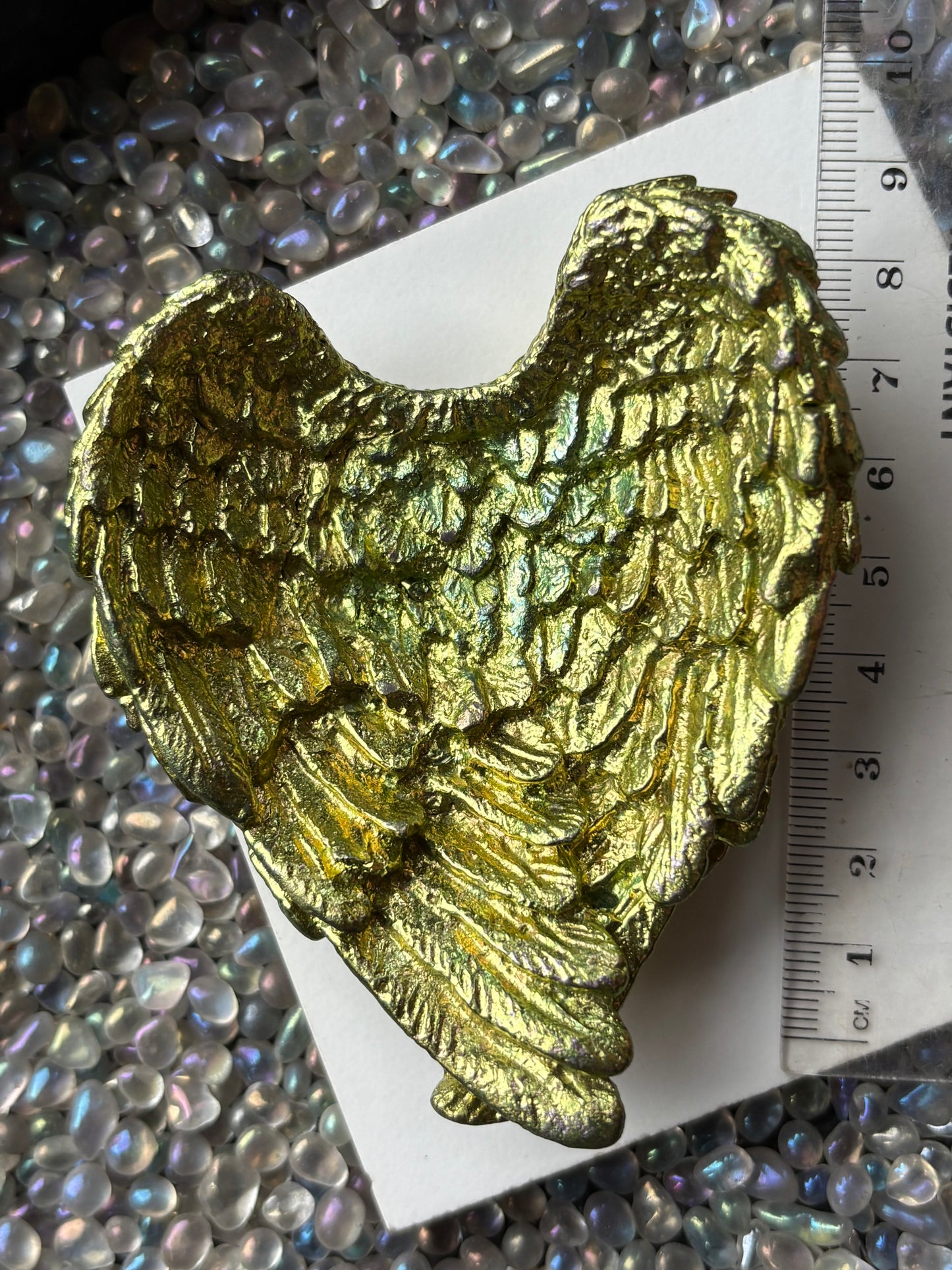 Green Gold Bismuth Crystal Angel Wing Dish / Sphere Holder Metal Art Sculpture