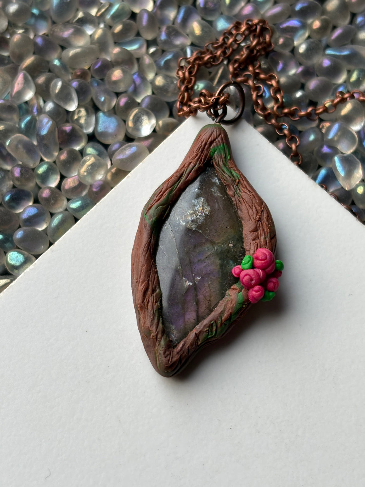 Purple Labradorite Crystal Gemstone Enchanted Rose Forest Clay Pendant Necklace