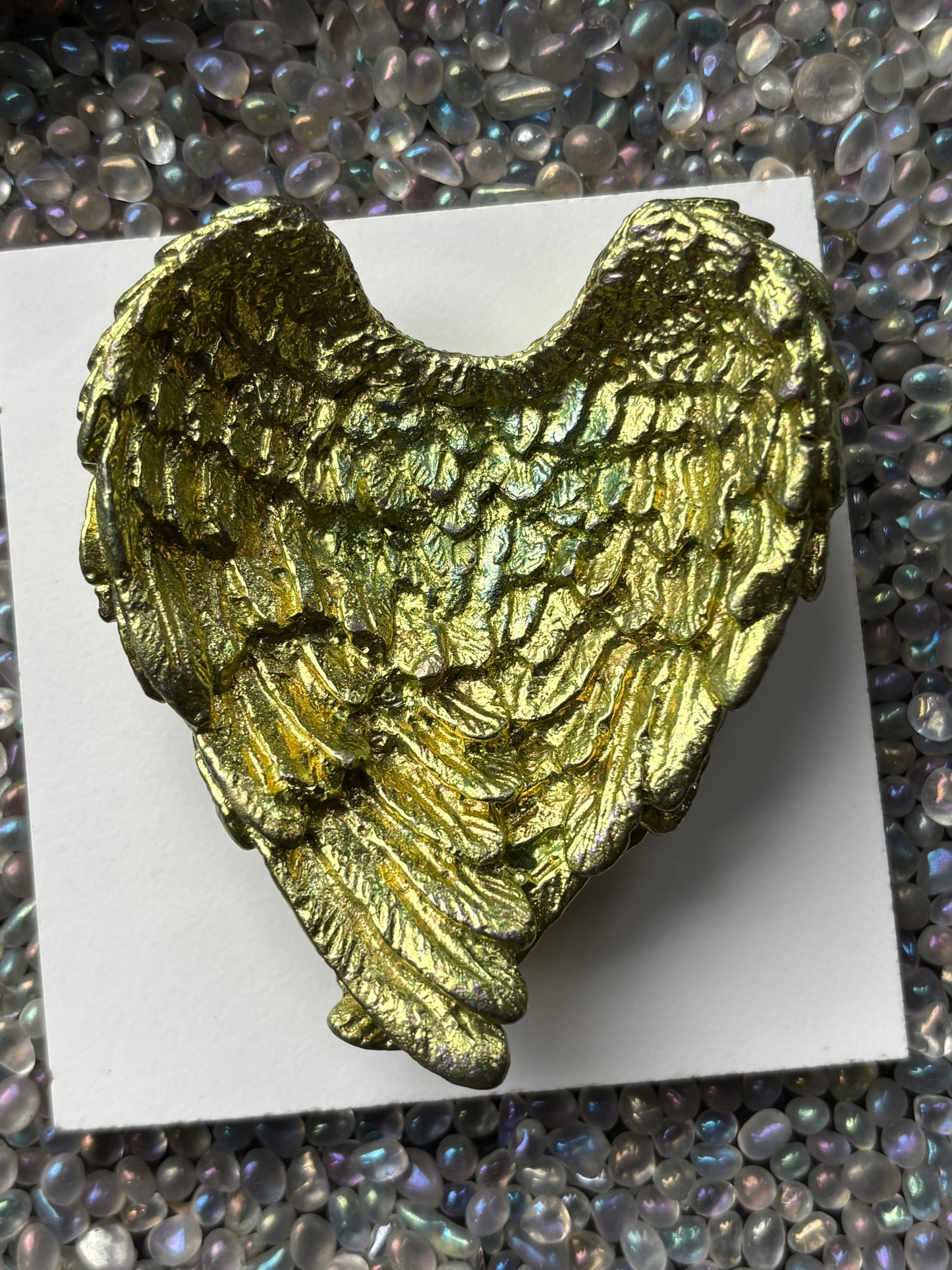 Green Gold Bismuth Crystal Angel Wing Dish / Sphere Holder Metal Art Sculpture