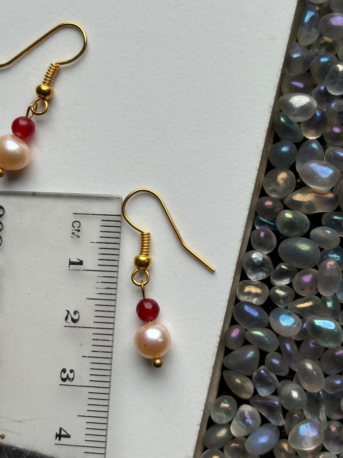 Peach Cultured Pearl & Red Jade Gemstone Crystal Drop Gold Earrings (Certified)