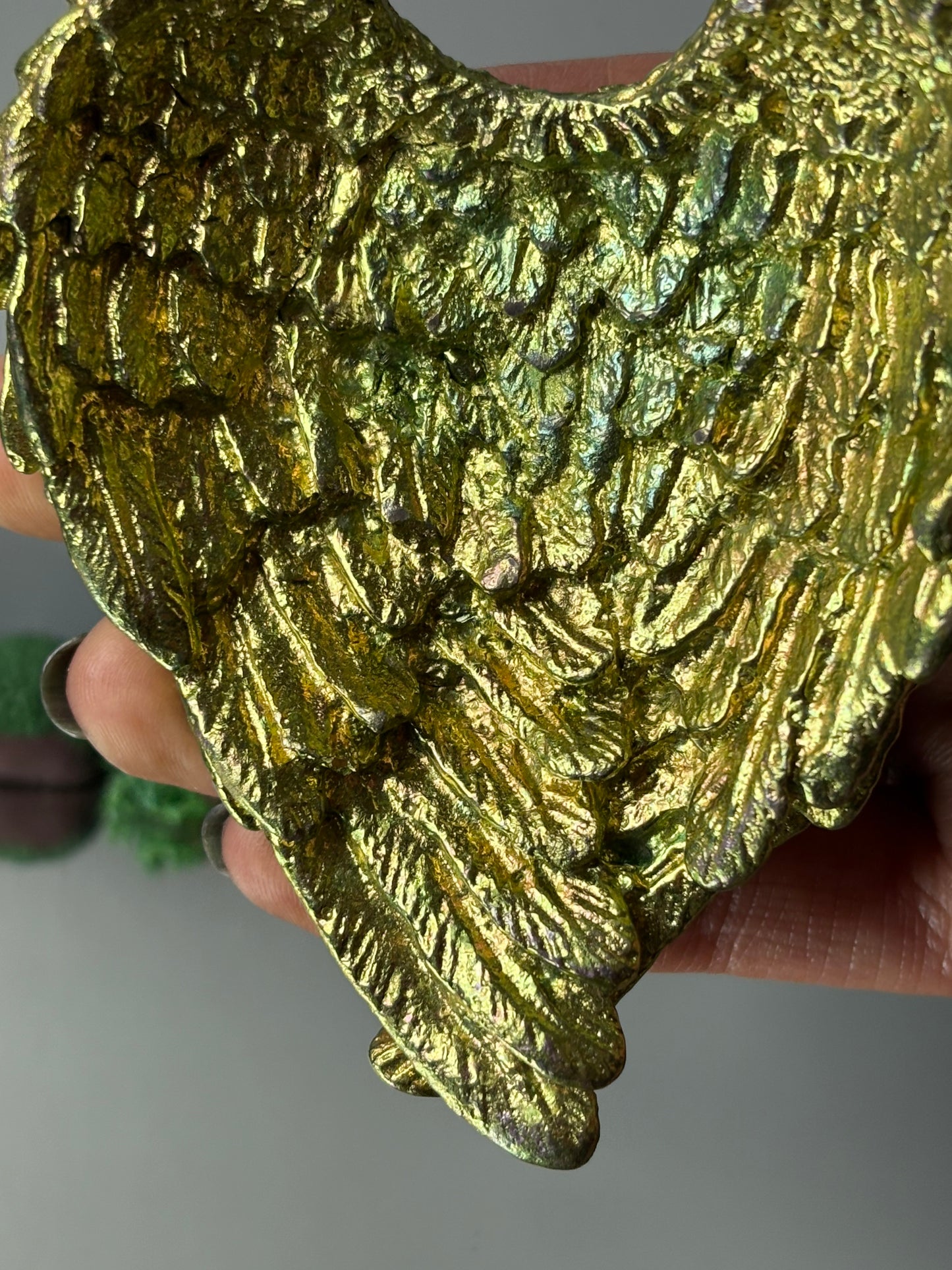 Green Gold Bismuth Crystal Angel Wing Dish / Sphere Holder Metal Art Sculpture