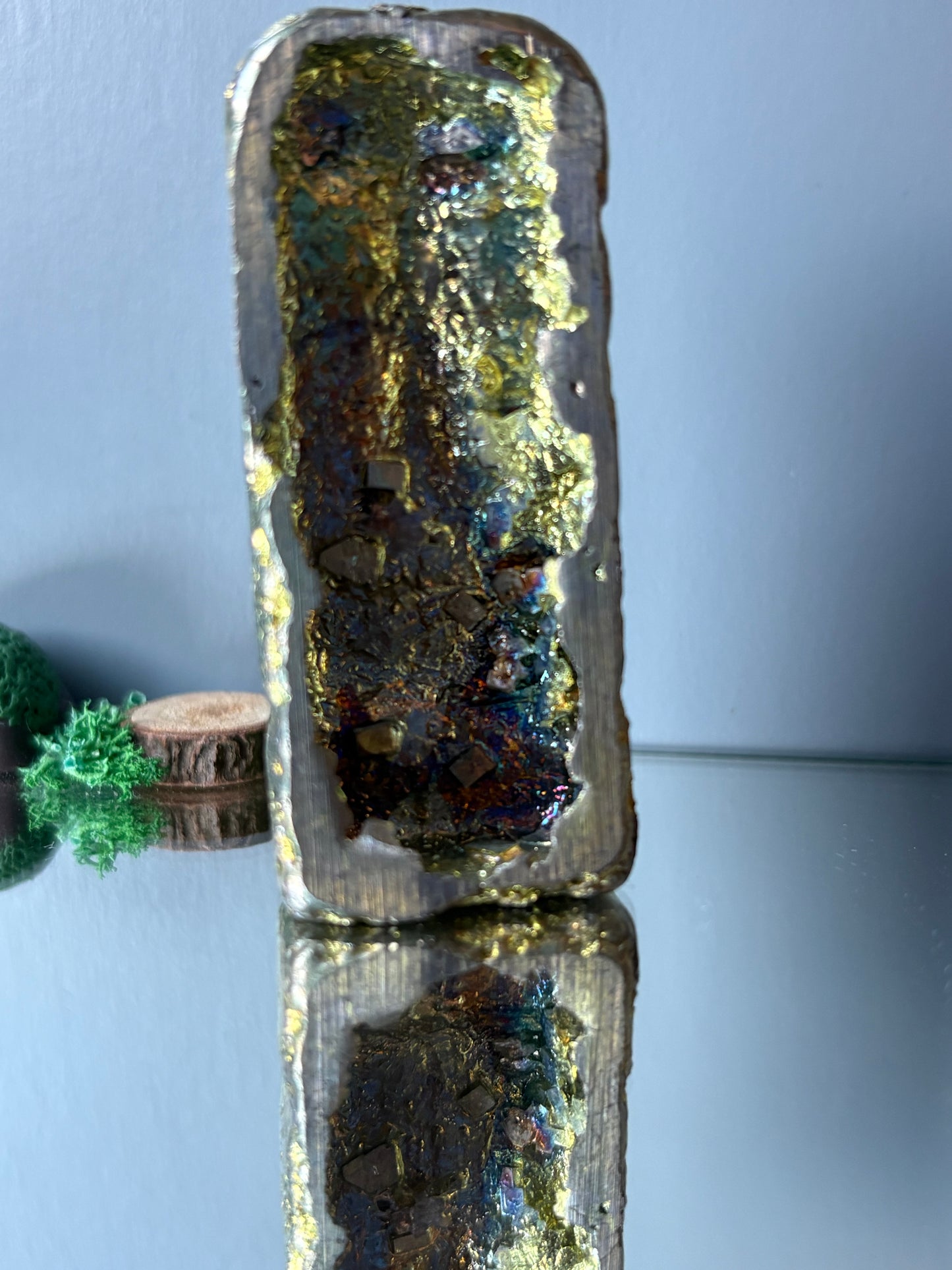 Gold Bismuth Crystal Moai Head Easter Island Metal Art Sculpture