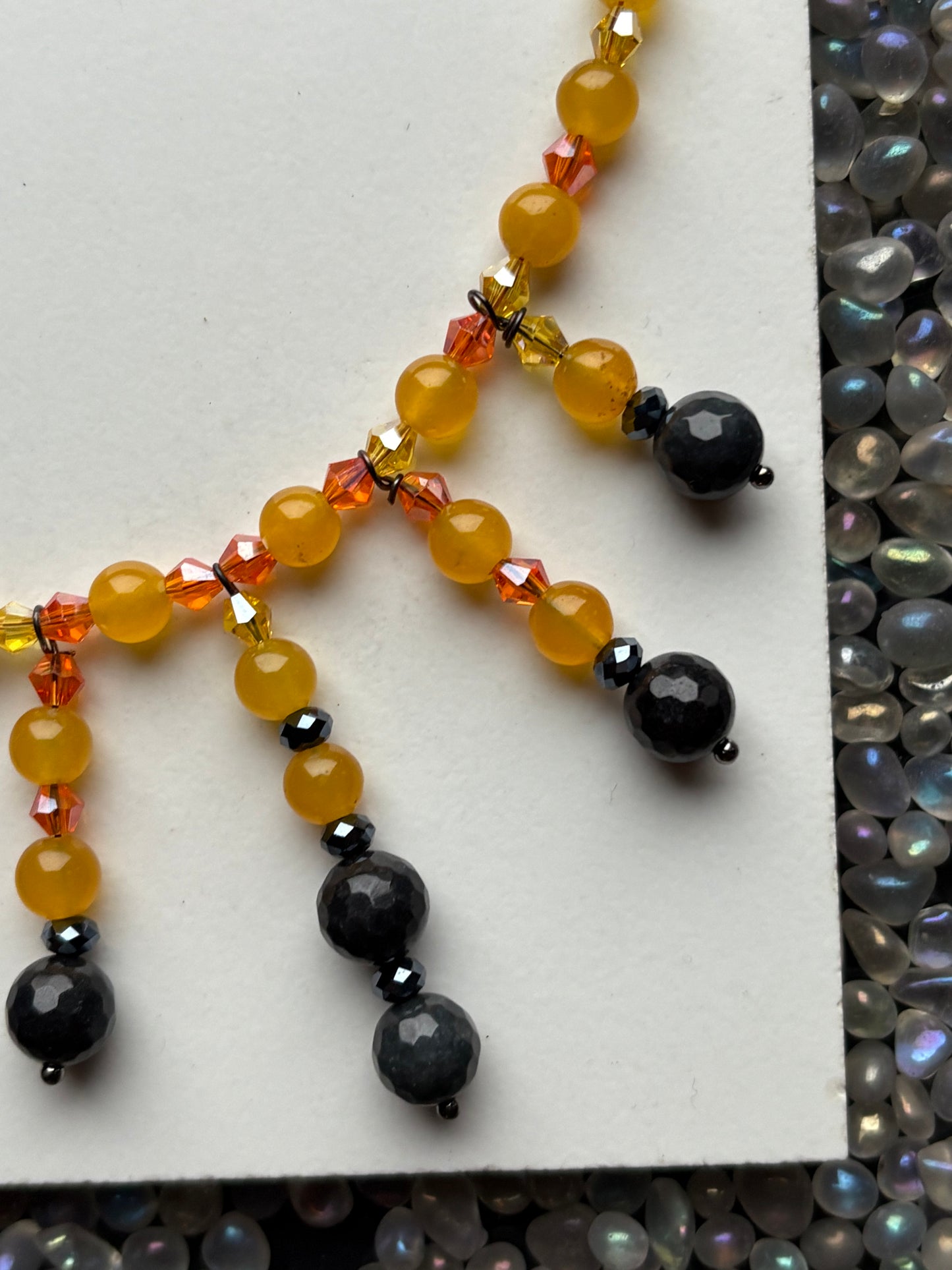 Sunflower - Mango & Black Quartz Crystal Beaded Gemstone Necklace