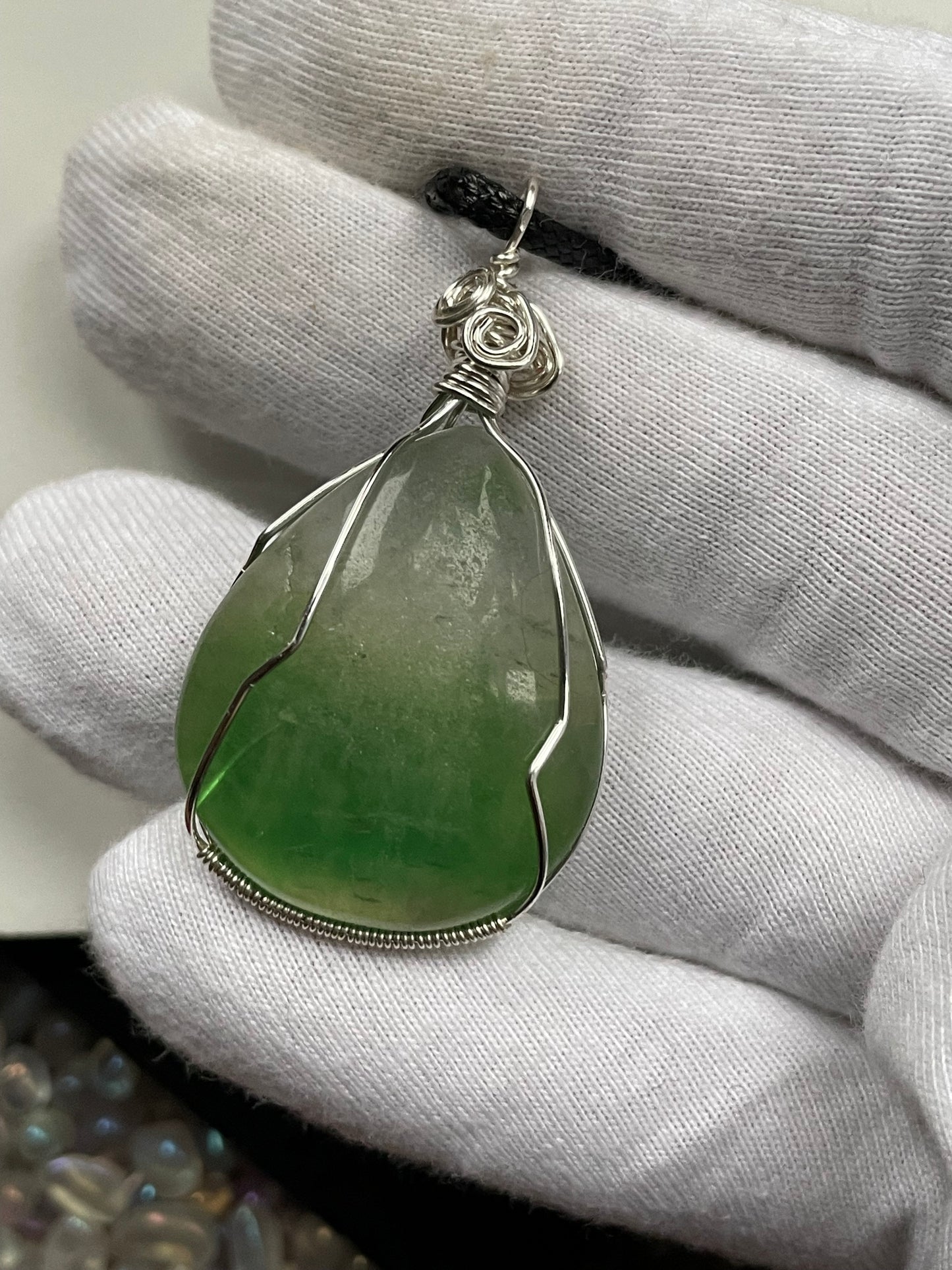Green Fluorite Crystal Gemstone Wire Wrap Silver Necklace