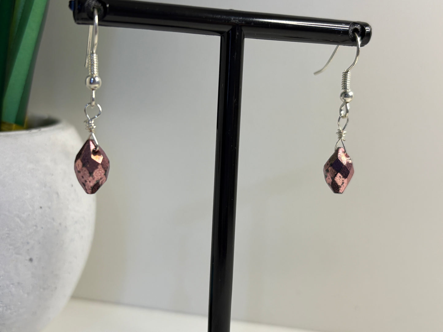 Pink Pyrite Crystal Gemstone Faceted Drop Earrings (Certified)
