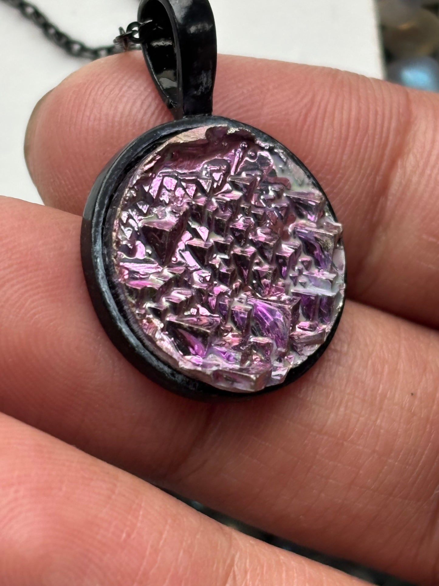 Pink Bismuth Crystal Metal Art Cord Necklace MINI CIRCLE