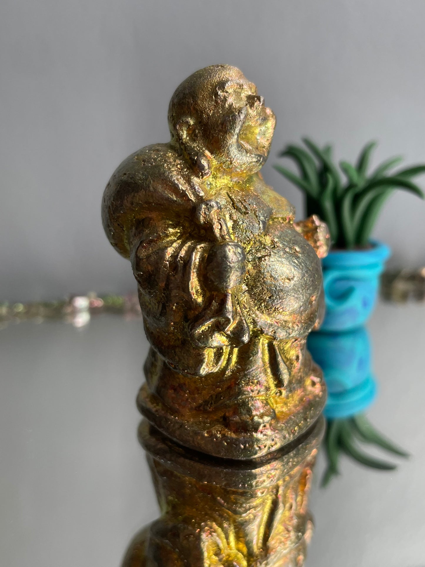 Gold Peach Bismuth Crystal Travelling Buddha Metal Art Sculpture