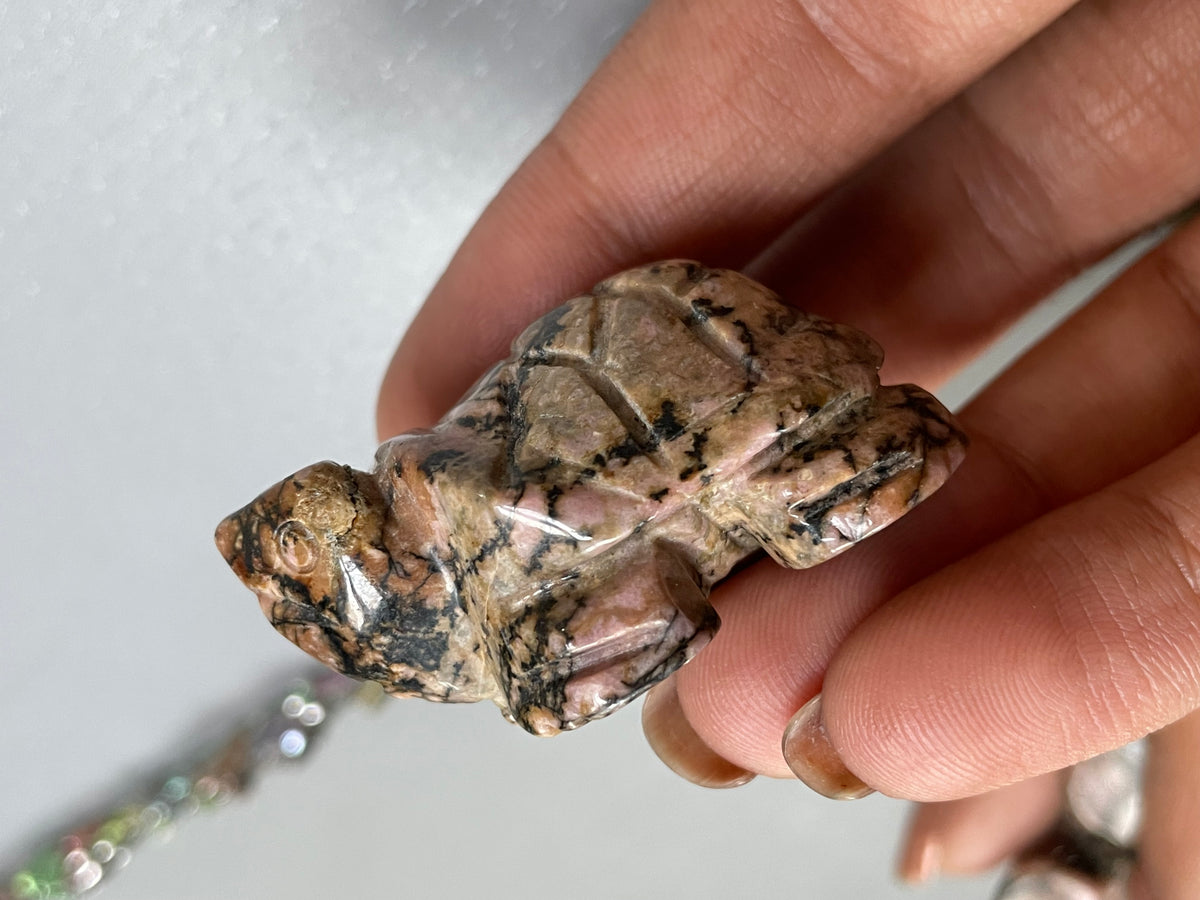 Rhodonite Gemstone Crystal Turtle Animal Carving Small