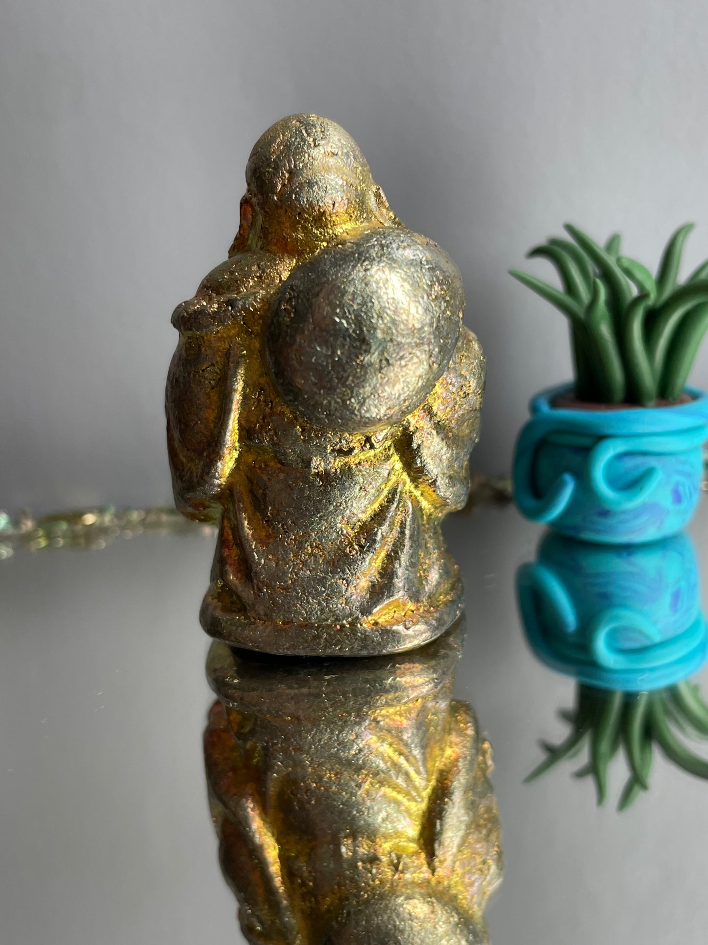 Gold Peach Bismuth Crystal Travelling Buddha Metal Art Sculpture